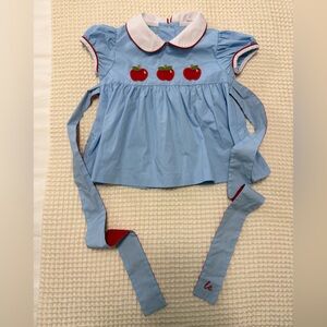 Little English Blue and White Top with Red Apples and Matching Blue Bloomers